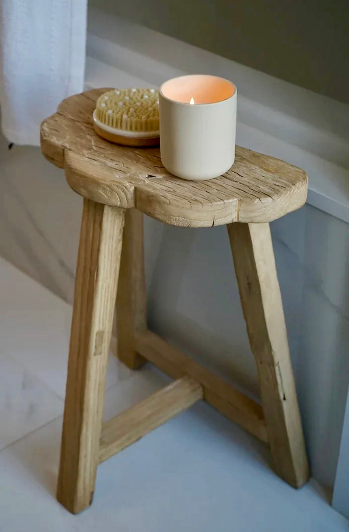 Vintage elm wood scallop stool