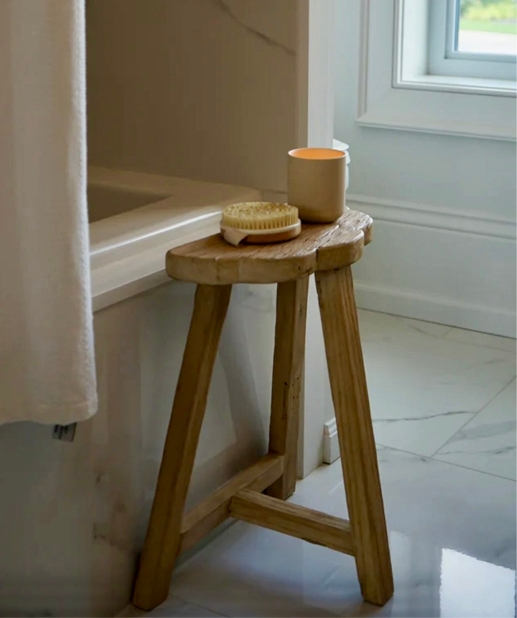 Vintage elm wood scallop stool